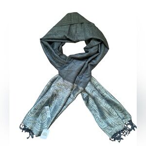 NWT Fashion Apparel Gray Paisley Silver Metallic Fringed Scarf Wrap 70x25”